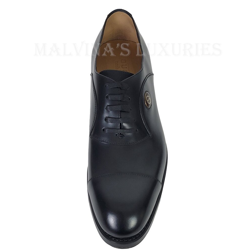 GUCCI SHOES MENS BLACK LEATHER INTERLOCKING G LOGO DERBY OXFORD sz 9 US 9.5 - Picture 10 of 15